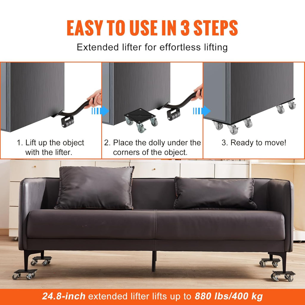 VEVOR Heavy Furniture Movers, Carbon Steel Dolly, 360° Rotatable Wheels with Brakes, 1320 lbs Capacity D187