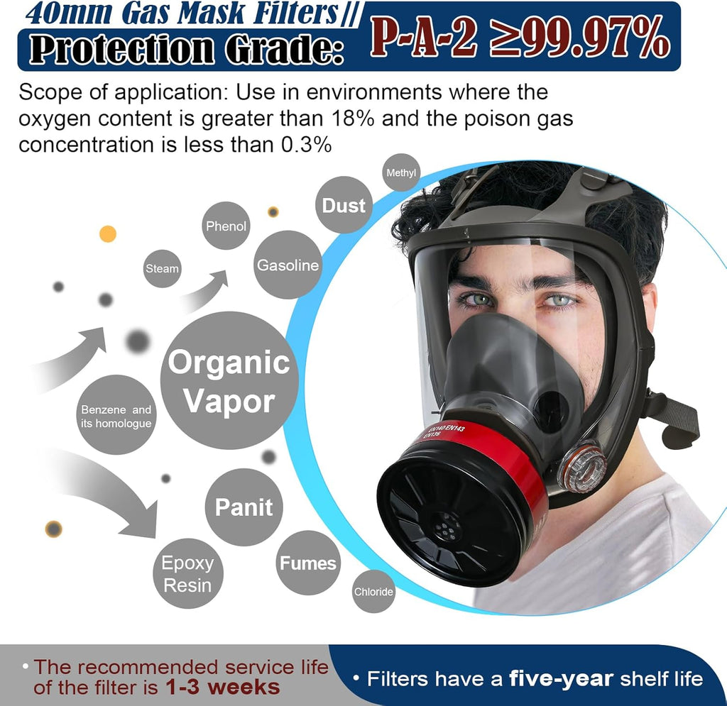 Full Face Gas Mask Respirator with 40mm Activated Carbon Filters Y81203