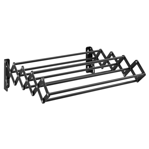 SONGMICS Clothes Drying Rack, Wall-Mounted Drying Rack Clothing, Accordion Laundry Rack, 9 Staggered Hanging Rods, Expandable and Retractable, Steel