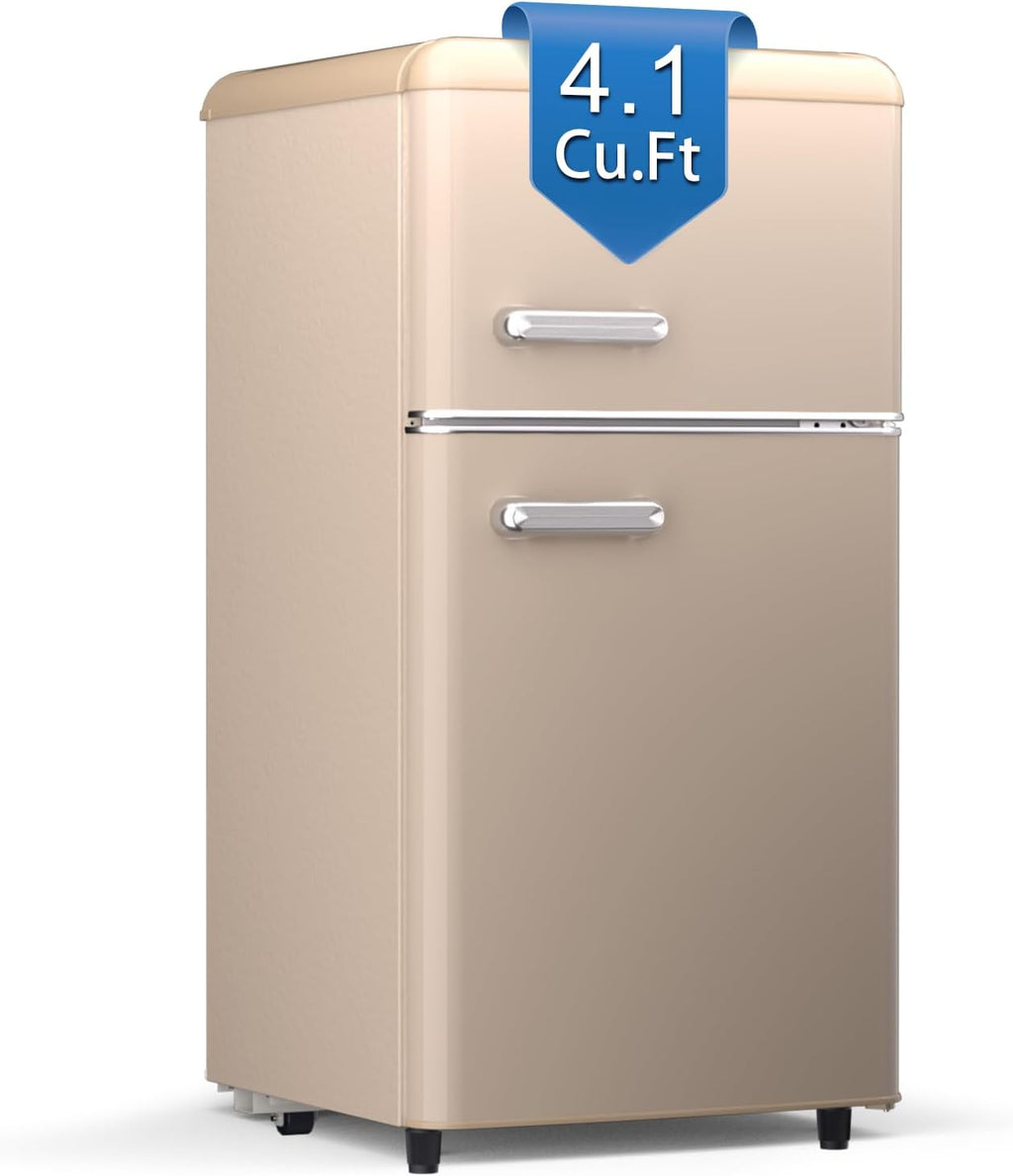 Mini Fridge with Freezer Retro Refrigerator 4.1 Cu. Ft. Small Fridge with Freezer for Bedroom with Adjustable Temperature,Glass Shelves,2-Door Retro Mini Fridge for Dorm,Office,RV,Apartment(Gold)