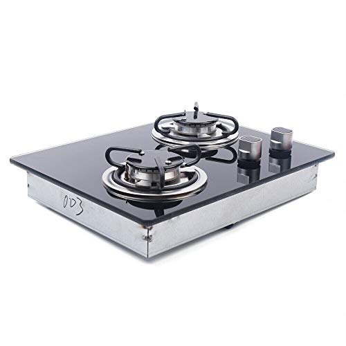 2 Burner RV Cooktop Propane Stove, Tempered Glass Stainless Steel Gas Hob B70455
