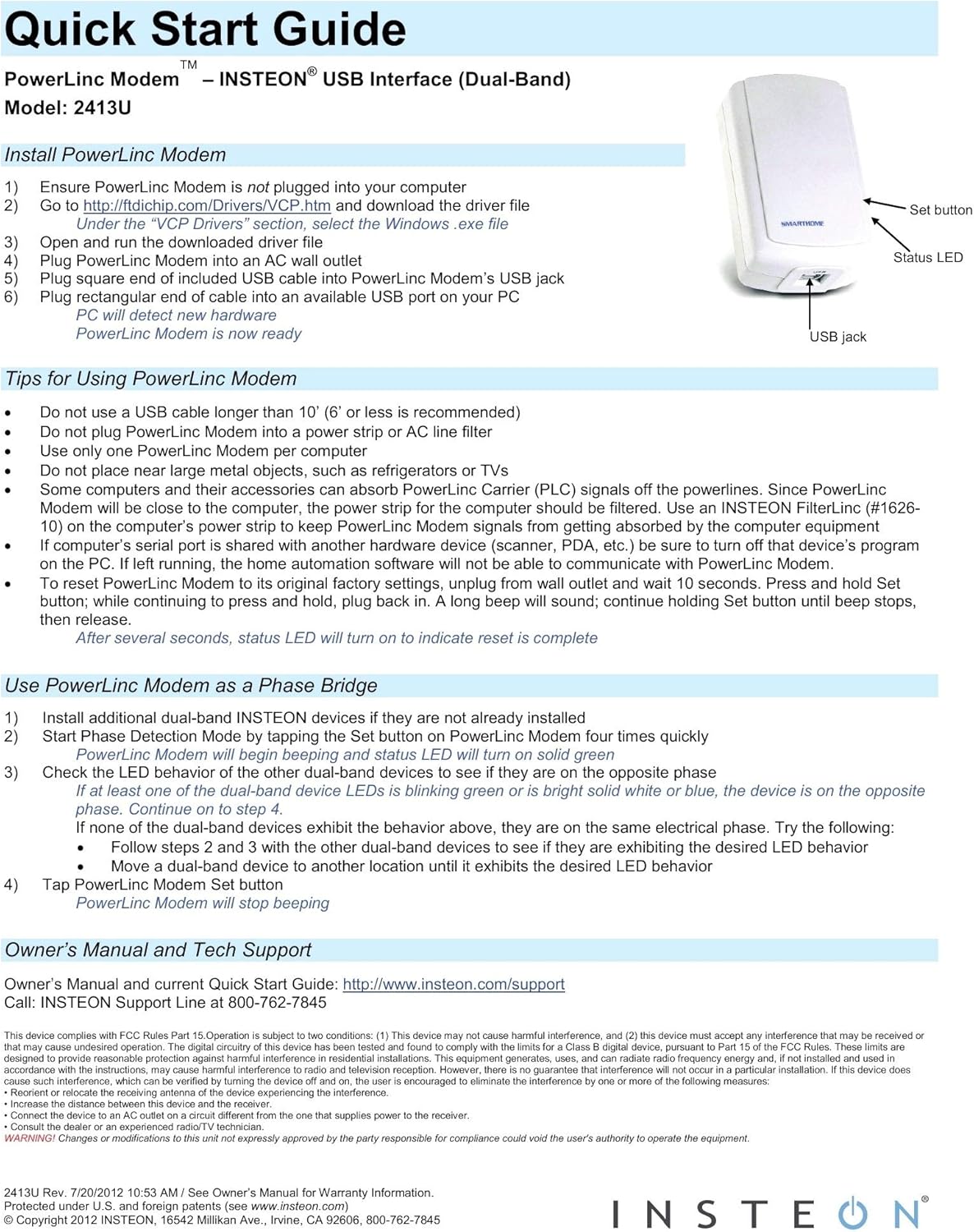 Insteon USB PowerLinc Modem 2413U Dual-Band PLM H54729