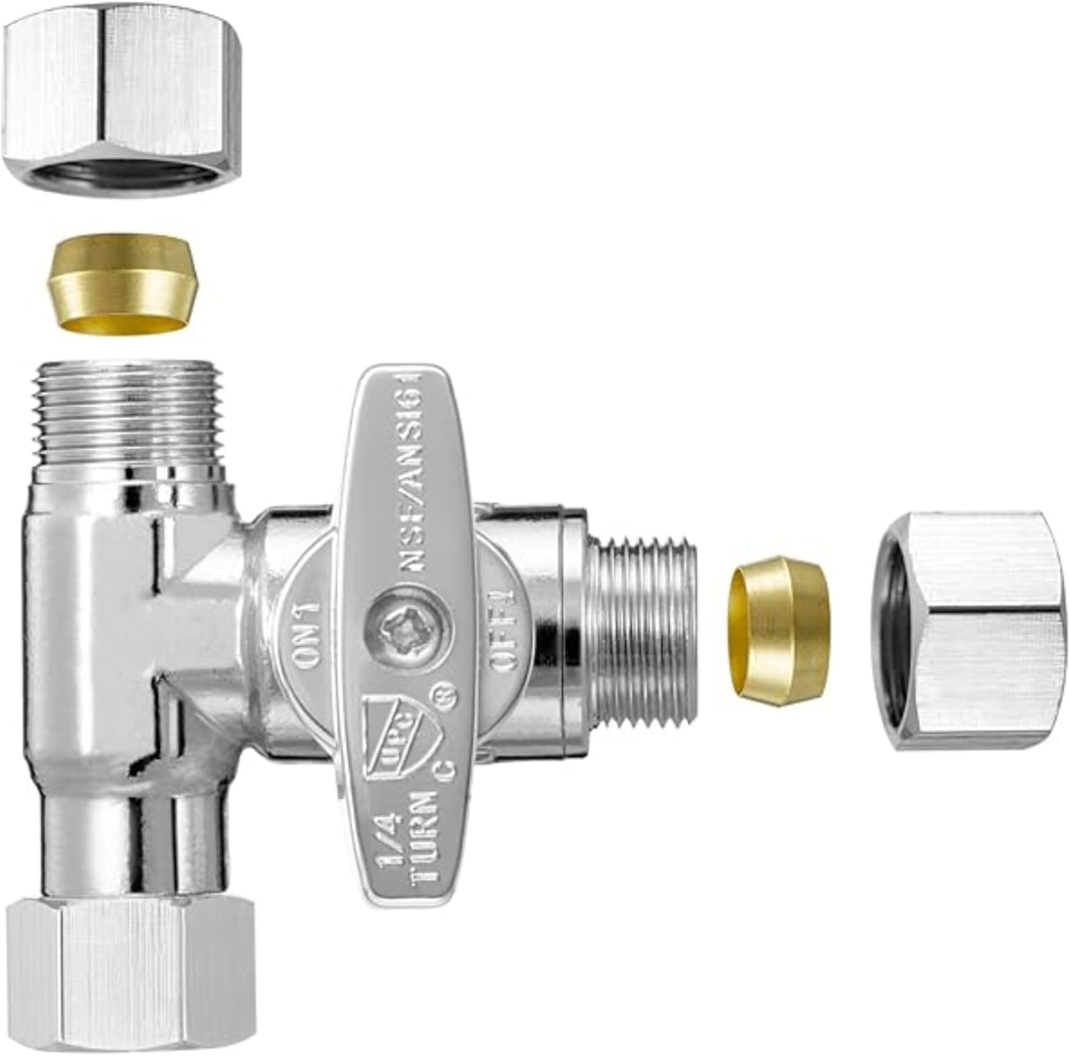 Tee Stop Valve (3/8" x 3/8" x 3/8") - Lead-Free T-Valve for Faucets, Dishwashers, Refrigerators, Icemakers, RO Water Filters, Toilets, Bidets - Threaded 1/4 Turn Brass T-Connector Valves
