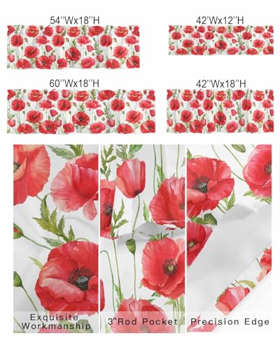 BUWOOGER Rod Pocket Window Valances Watercolor Red Poppy Flower White Short Kitchen Curtains 54x18IN, 1 Panel P92331