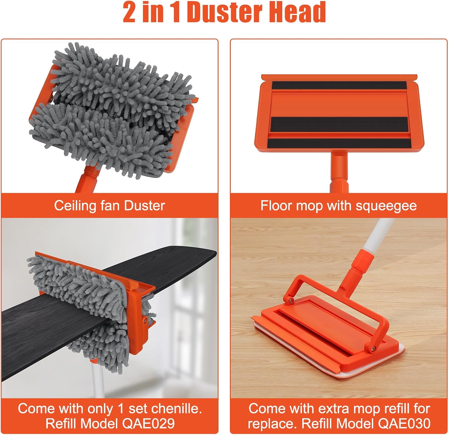 Qaestfy Ceiling Fan Cleaner Duster with Extendable Long Handle, Reusable Chenille & Microfiber Mop Head G7268