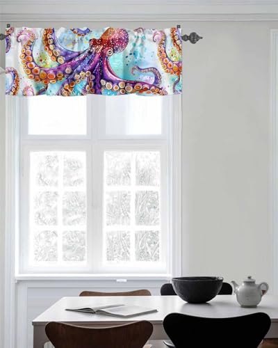 BUWOOGER Rod Pocket Window Valances Summer Coastal Octopus Kitchen Curtains 54x18IN, 1 Panel C33712