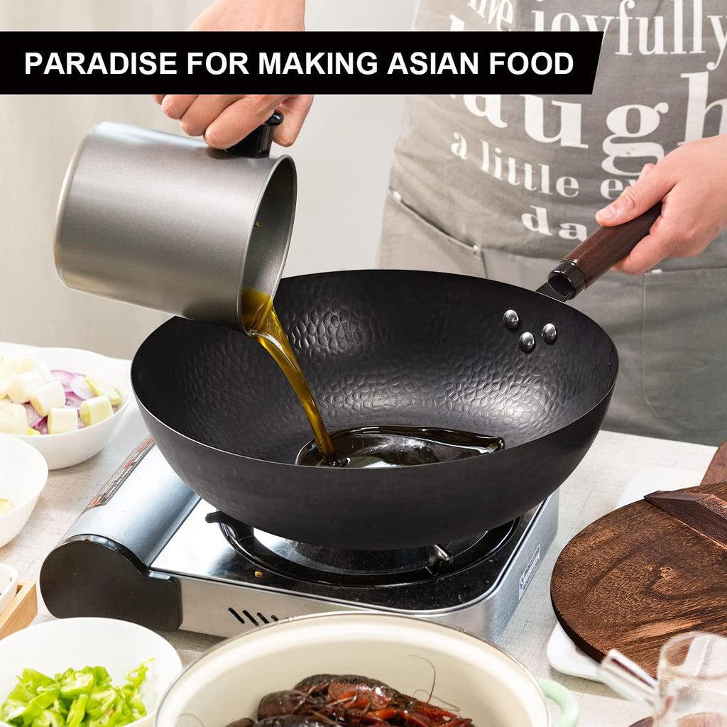12.8" Carbon Steel Wok with Lid, Flat Bottom for Induction, Gas Stoves Z7353