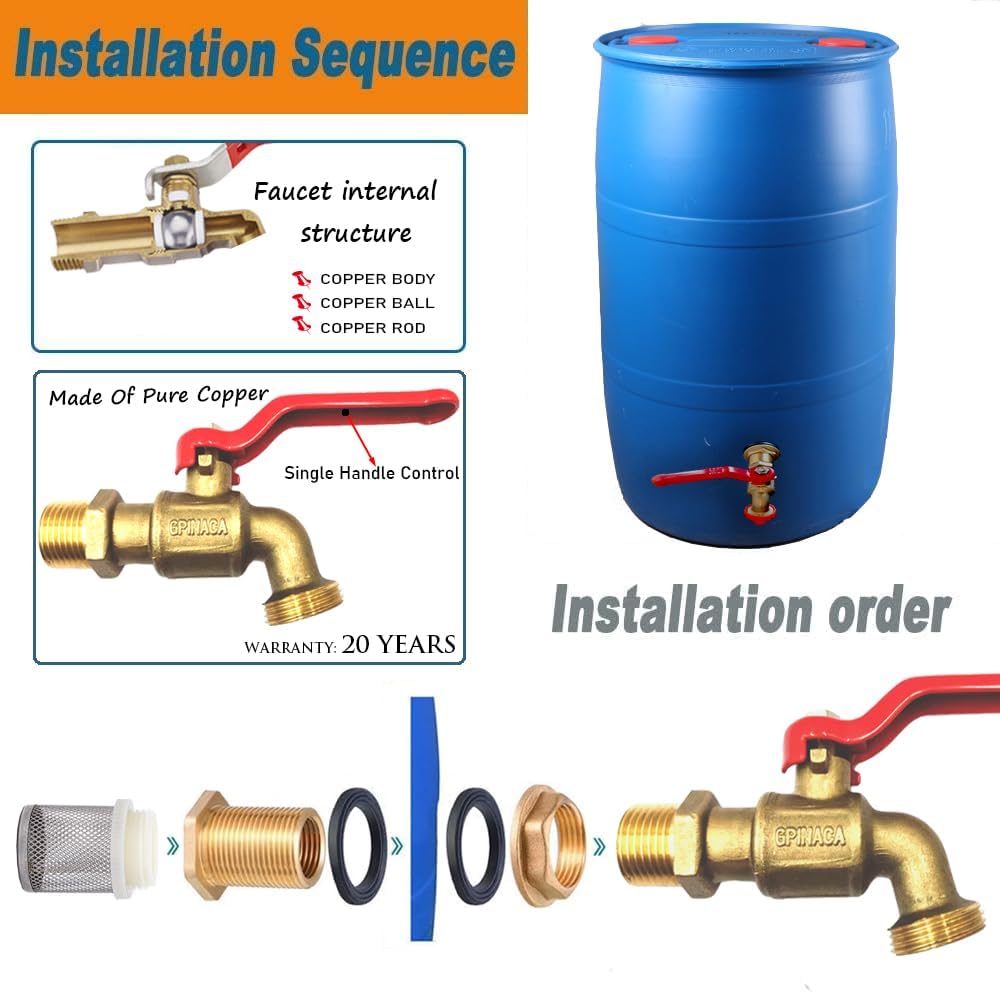 Rain Barrel Spigot Brass Faucet Kit with Bulkhead Fitting and Hose Adapter N914