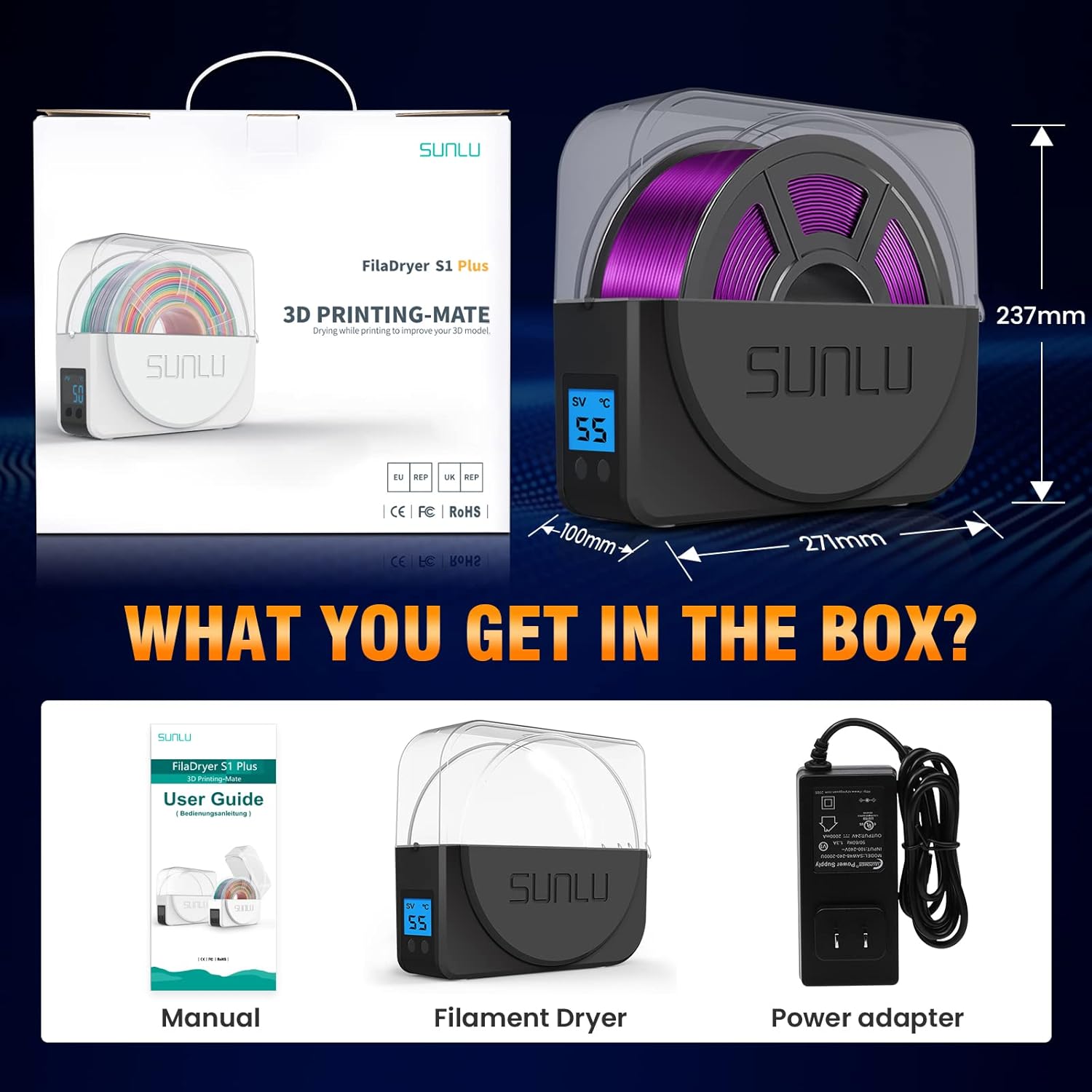 SUNLU Filament Dryer Box S1 Plus, Built-in Fan, Compatible with PLA PETG ABS A82541