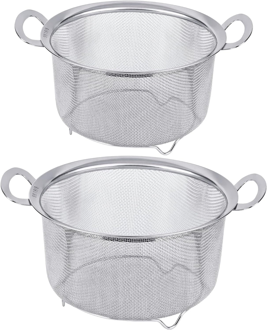 2 Pack Strainers for Kitchen, 18/8 Stainless Steel Colander with Handles, Fine Mesh Strainer for Pasta, Rice and Fruit, Sieve with Resting Feet to Strain, Rinse, Steam or Cook Vegetables (4Qt and 3Qt)