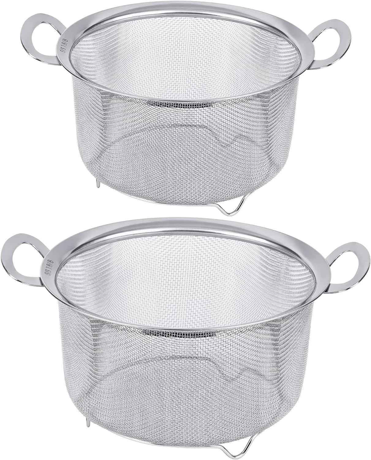 2 Pack Strainers for Kitchen, 18/8 Stainless Steel Colander with Handles, Fine Mesh Strainer for Pasta, Rice and Fruit, Sieve with Resting Feet to Strain, Rinse, Steam or Cook Vegetables (4Qt and 3Qt)