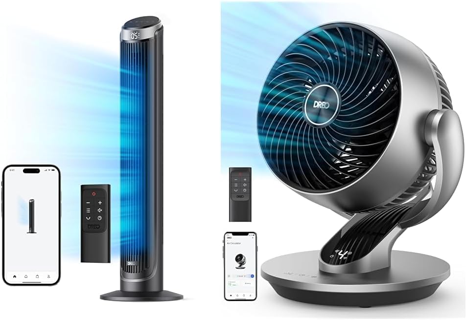 Dreo Smart Tower and Air Circulator Fans Bundle, 90° Oscillating Quiet Bladeless Room Fan with Remote and 13" Table Fan with Remote