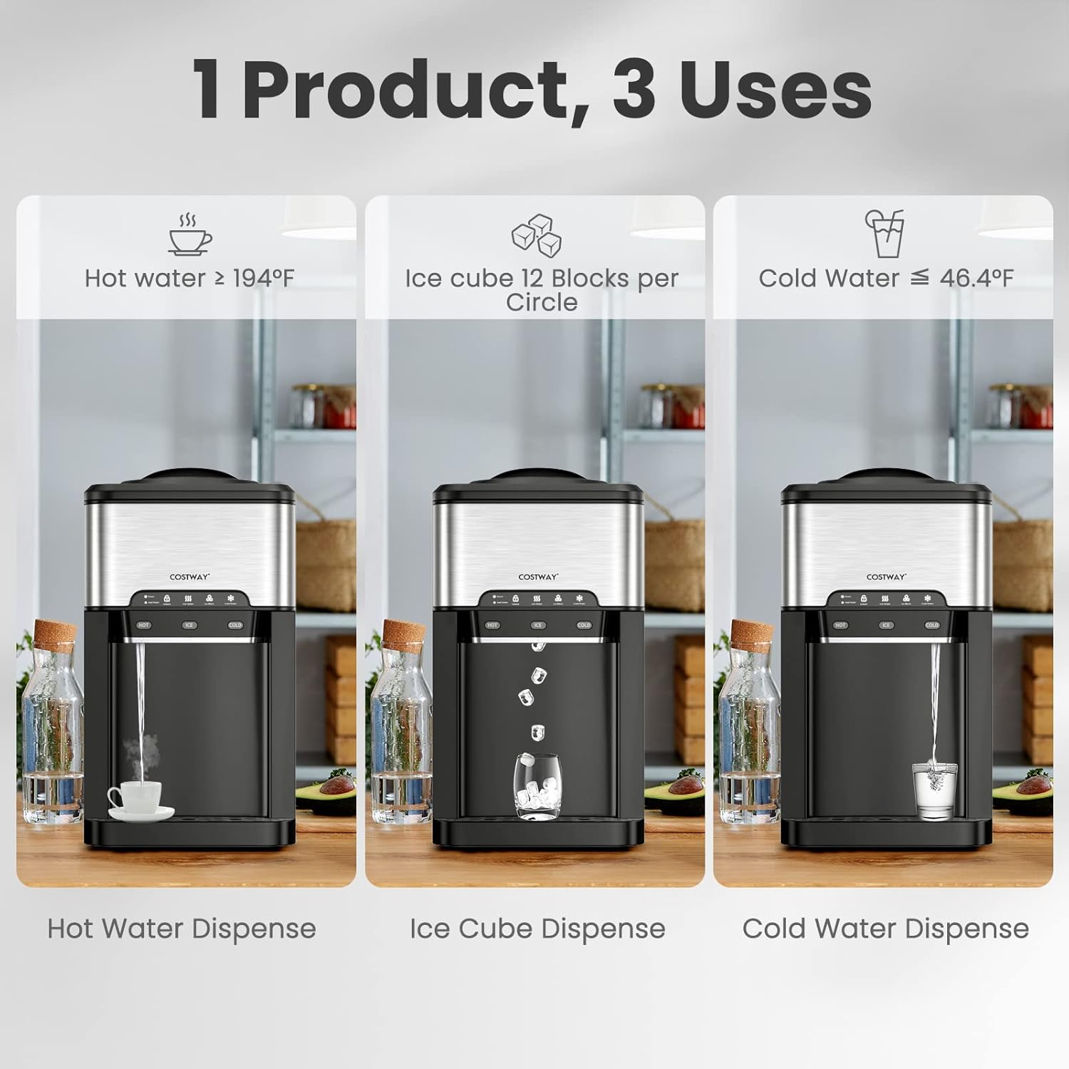 COSTWAY Water Dispenser with Ice Maker, 3-in-1 Countertop Hot Cold Cooler G403