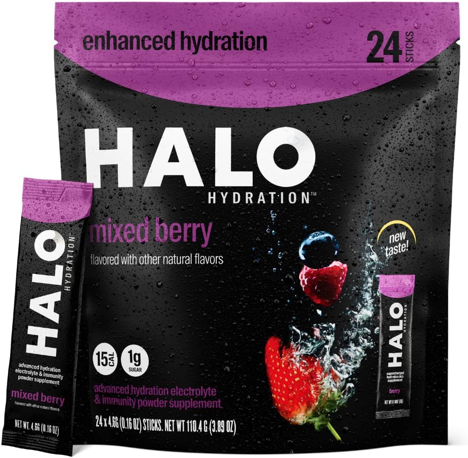 Halo Hydration Berry - Electrolyte Drink Powder Sachets - Dietary Supplement, Rich in Vitamin C & Zinc, Complete Hydration - Keto, Vegan & Low Calorie - 24 Servings