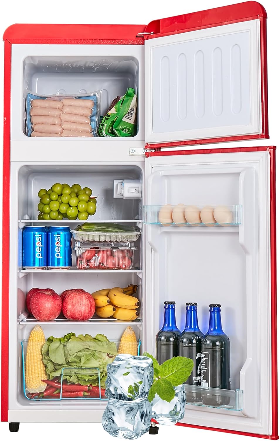 Dual Zone Compact Retro Refrigerator with Adjustable Shelves and LED Lighting V3026