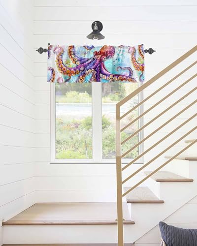 BUWOOGER Rod Pocket Window Valances Summer Coastal Octopus Kitchen Curtains 54x18IN, 1 Panel C33712
