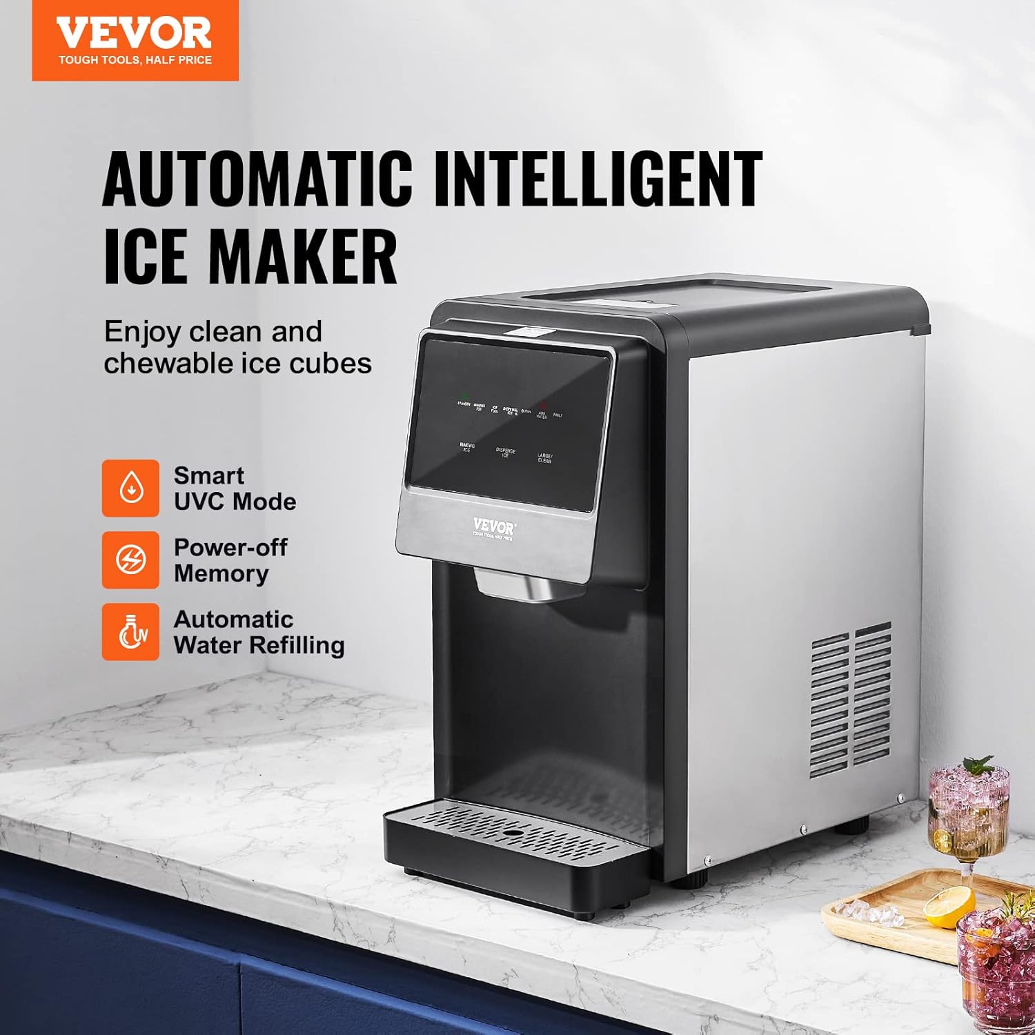 VEVOR Nugget Ice Maker, Self-Cleaning Countertop Ice Dispenser T2172