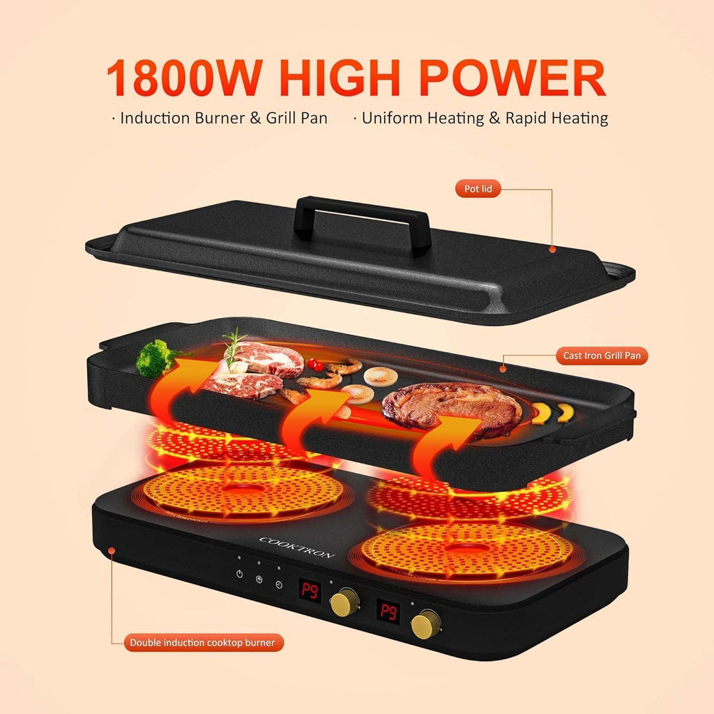 Induction Cooktop 2 Burner Portable with Removable Cast Iron Griddle S528177