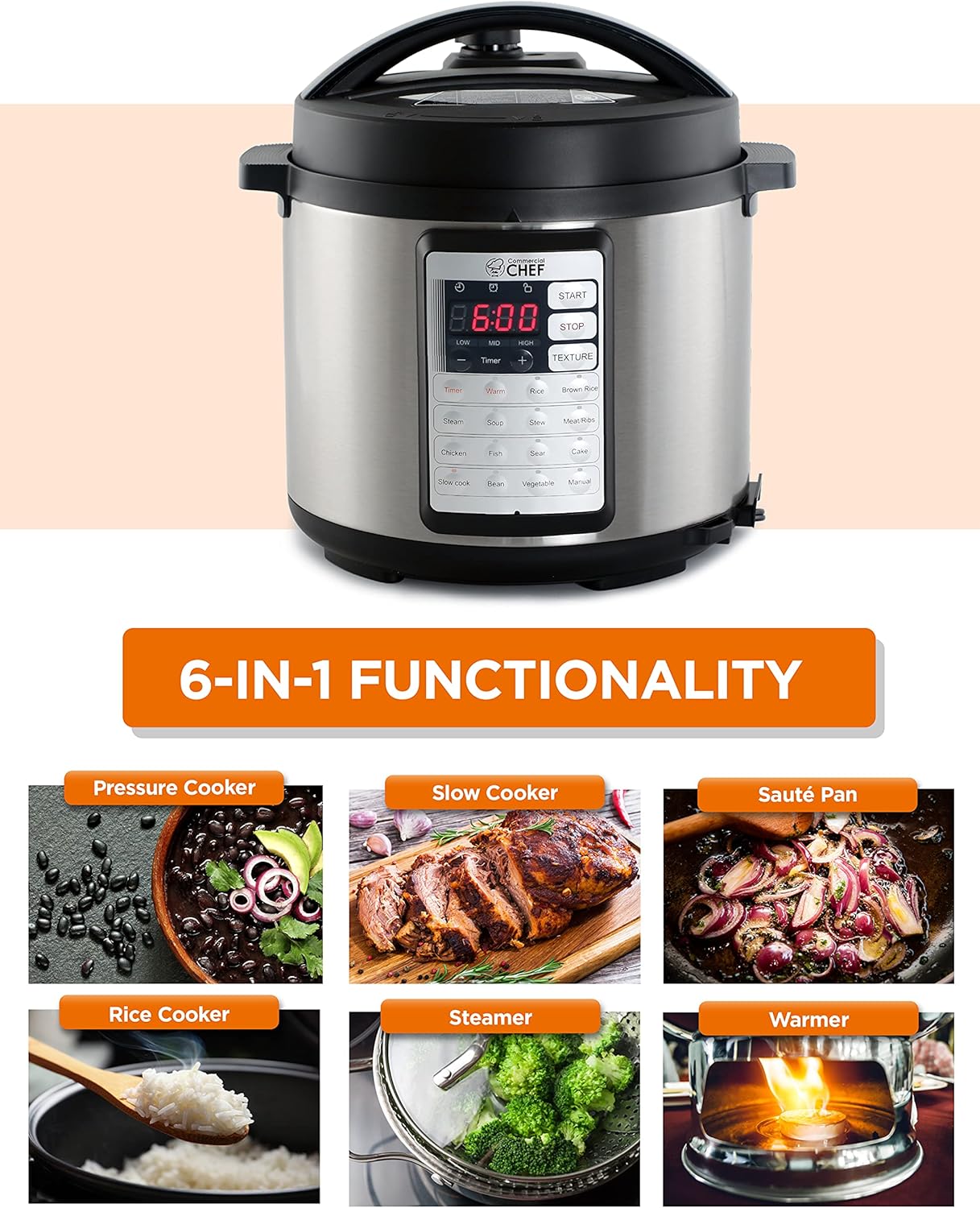 Commercial Chef Electric Pressure Cooker 6.3 Qt, Stainless Steel Interior Y517