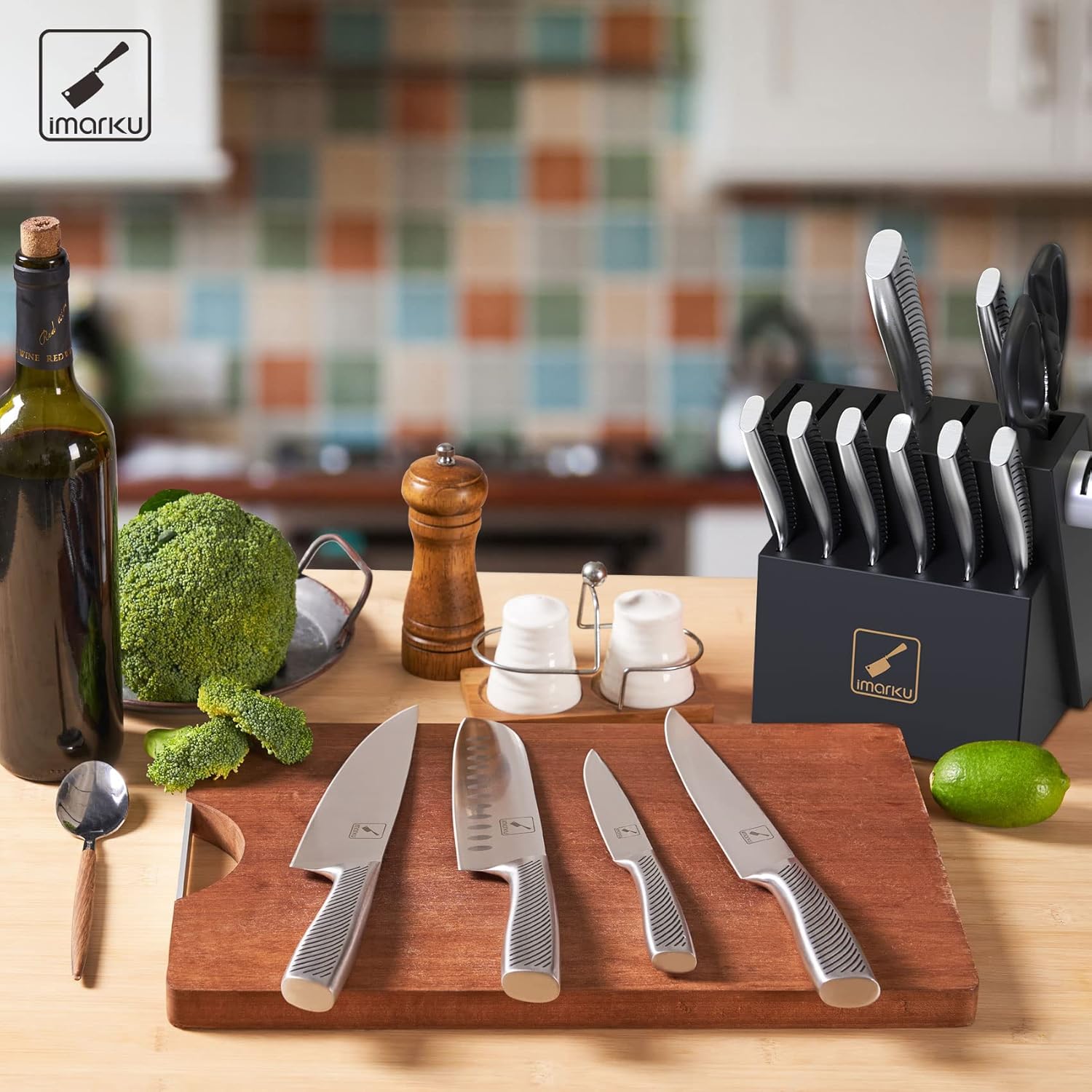 imarku 14PCS High Carbon Stainless Steel Kitchen Knife Set with Block F7207