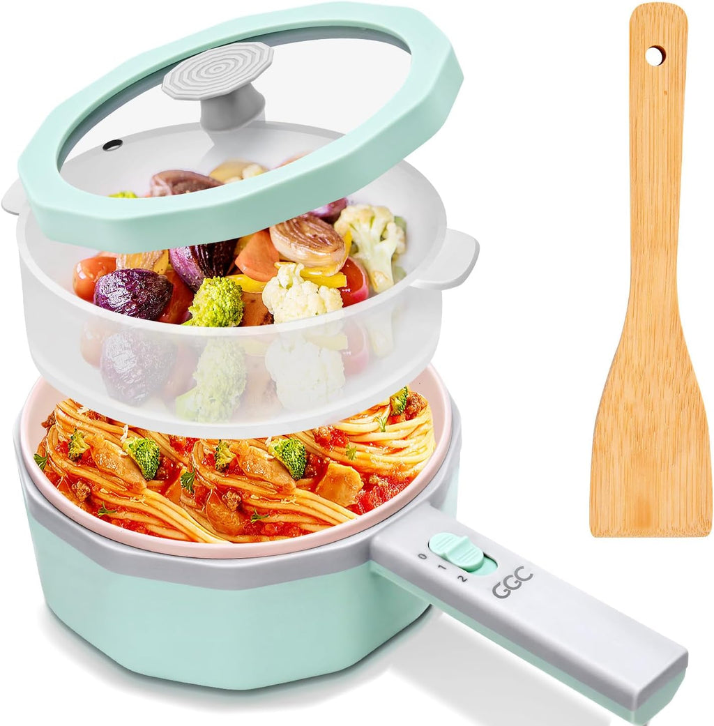 GGC Electric Hot Pot with Steamer, Non-stick Electric Pot for Cooking, 1.5L Electric Cooker for Ramen, Steak, Fried, Rice, Oatmeal, Soup, Portable Hot Pot for Dorms with Power Adjustable