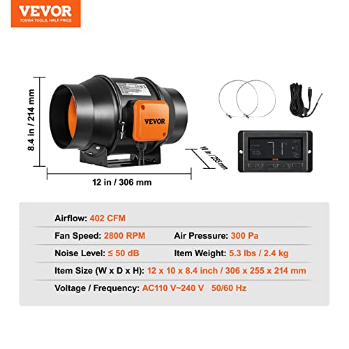 VEVOR Inline Duct Fan with Temperature Humidity Controller, Quiet EC-Motor Ventilation Exhaust Fan P4737