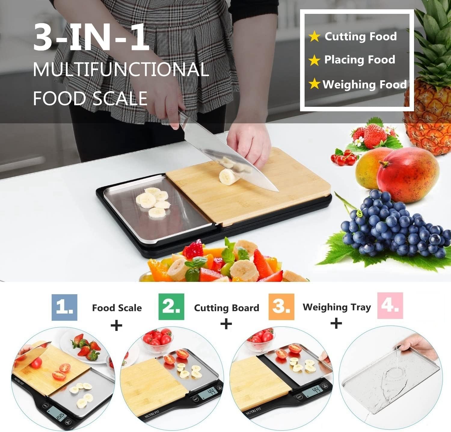 NUTRI FIT Food Scale - 3 in 1 Digital Kitchen Scale with Removable Cutting Board & Tray, LCD Display, 11lb 5kg B265