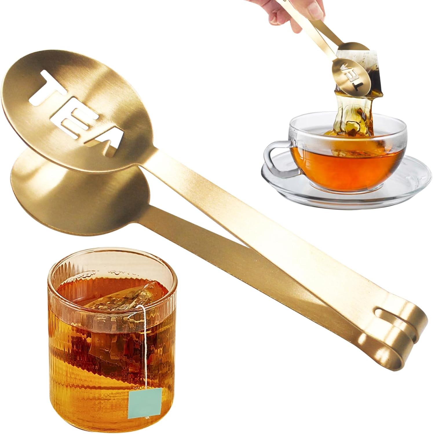 Tea Bag Squeezer, Stainless Steel Golden Tea Tongs, Round Tea Filter Clamp, Tea Strainer Holder Clip for Loosing Leaf, Gripping Ice Cube, Sugar