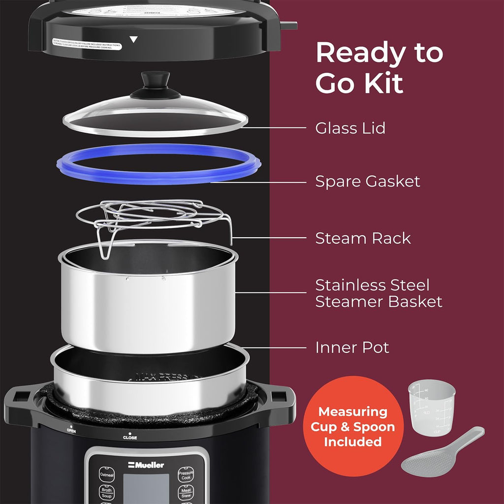 Mueller 6 Quart Pressure Cooker 10 in 1 with Tempered Glass Lid T43047