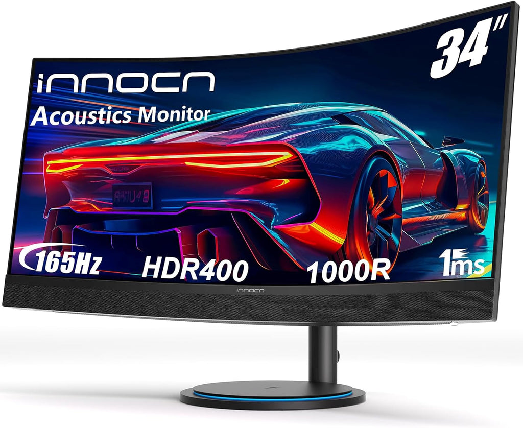 INNOCN 34" USB Type C Curved Ultrawide Gaming Monitor 3440 x 1440p 165Hz PC Computer Monitor Gamer, HDMI, DP, Built-in 2.1 Stereo Speakers, Charger Pad, Black, 34G1R