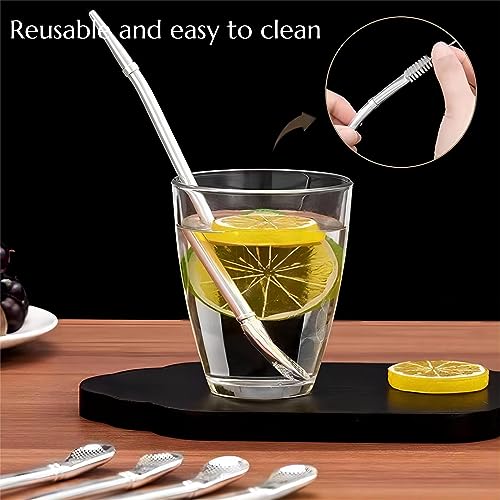 KINTEGOOD 4pcs Stainless Steel Spoon Straws with Cleaning Brush J1664