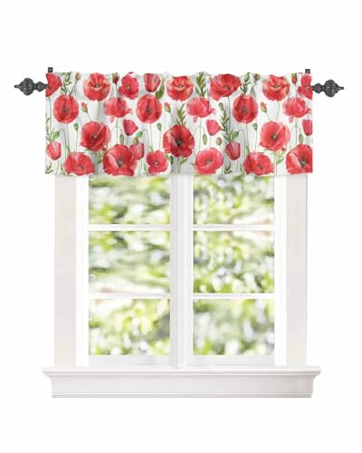BUWOOGER Rod Pocket Window Valances Watercolor Red Poppy Flower White Short Kitchen Curtains 54x18IN, 1 Panel P92331