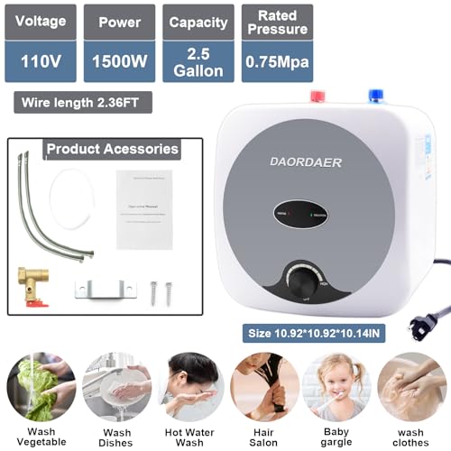 DAORDAER 1.5kW 2.5 Gallon Mini Tank Electric Water Heater for Under Sink X214
