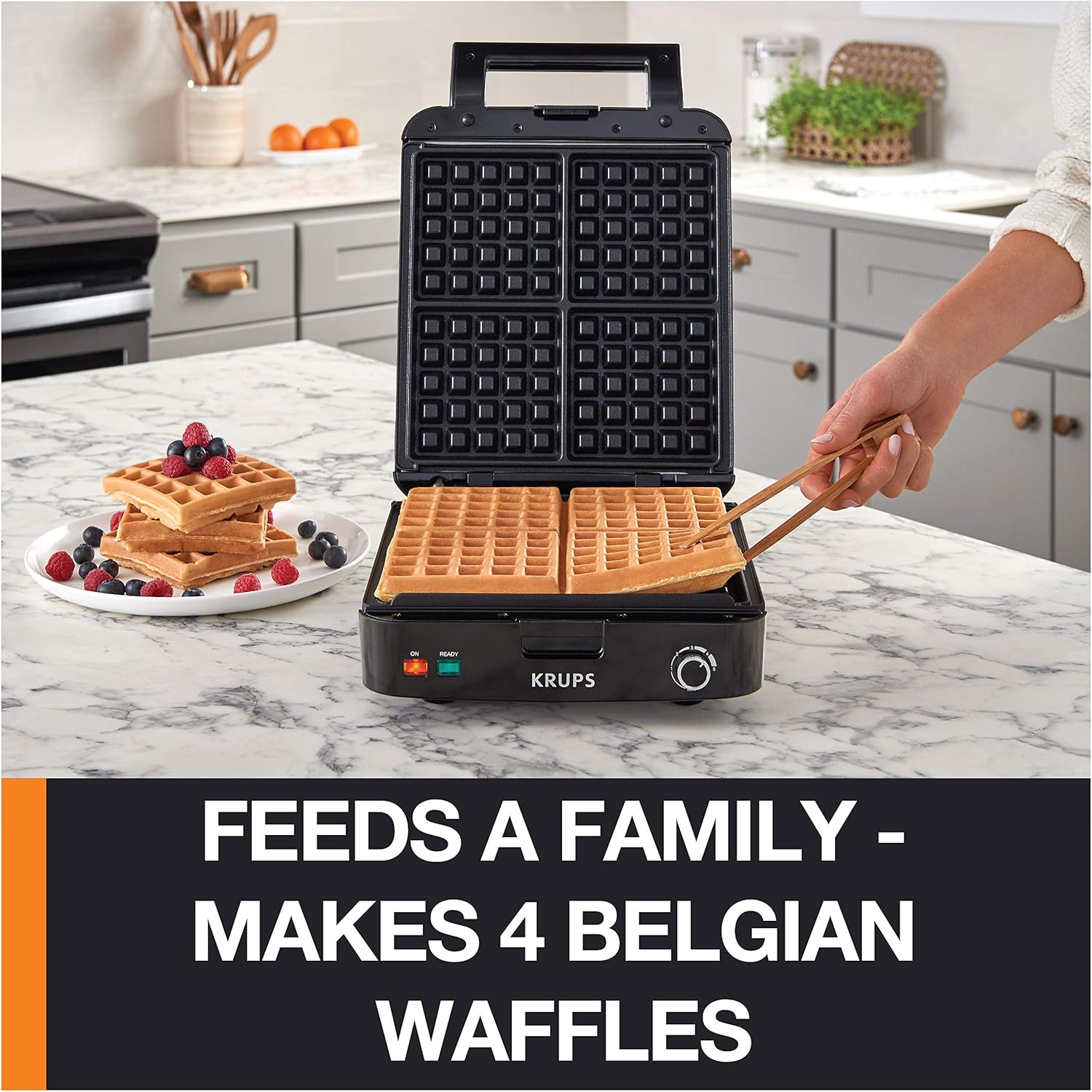 Krups Waffle Maker, Stainless Steel, 4 Slices, Removable Plates K568879