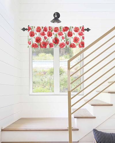 BUWOOGER Rod Pocket Window Valances Watercolor Red Poppy Flower White Short Kitchen Curtains 54x18IN, 1 Panel P92331