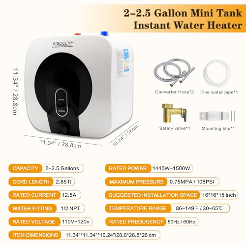Fisoceny Mini Tank Water Heater 2.5 Gallons Under Sink Electric 110V G483134