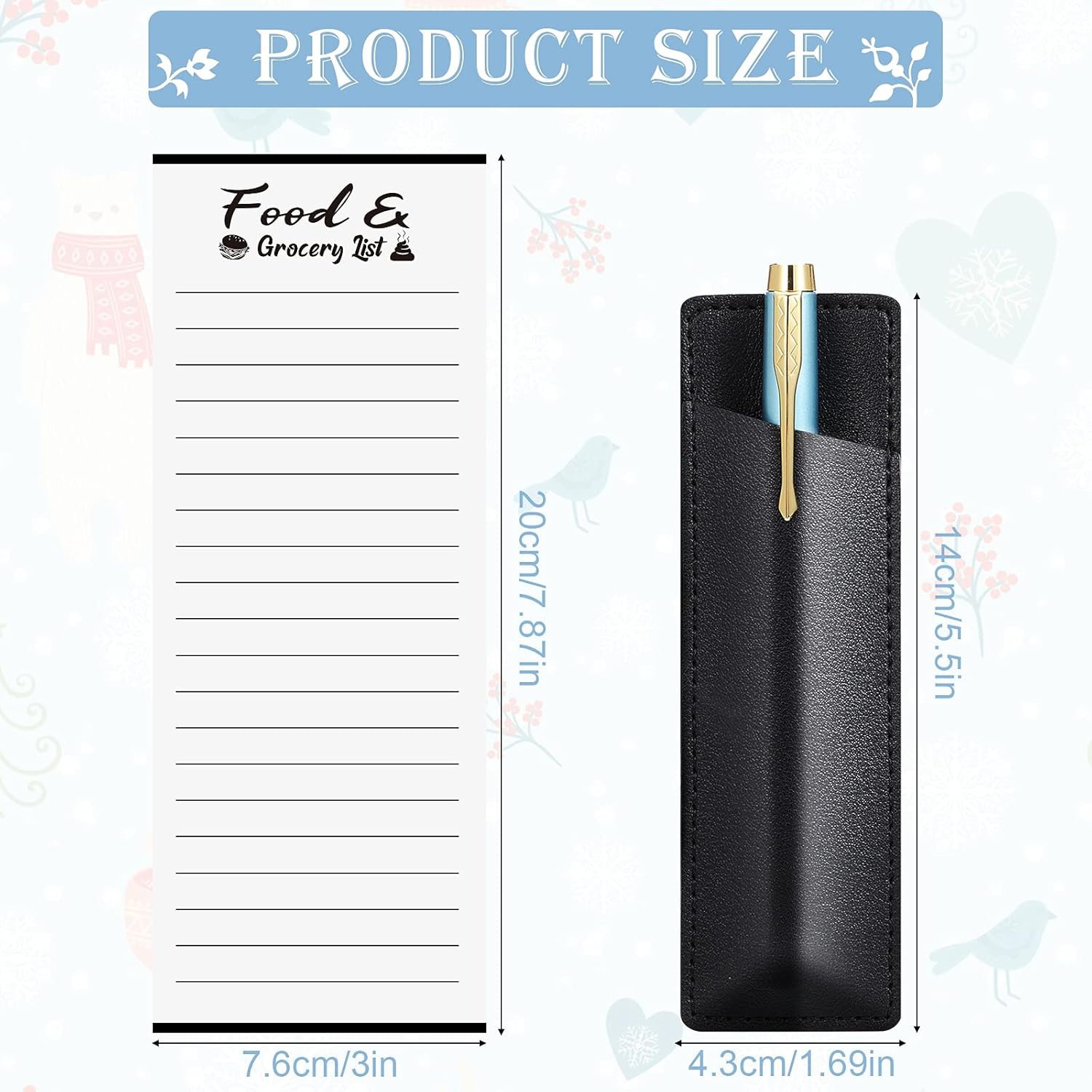 2 Pieces Magnetic Grocery List Set with Pen Holder, PU Leather Notepad for Refrigerator Q69733