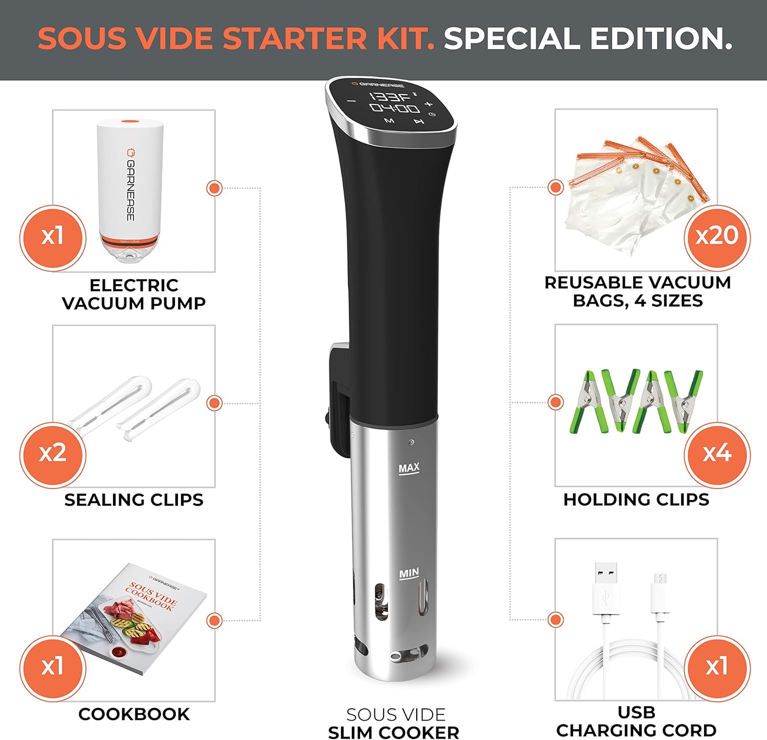 Sous Vide Cooker Starter Kit with Immersion Circulator 1000W and Vacuum Bags W79879