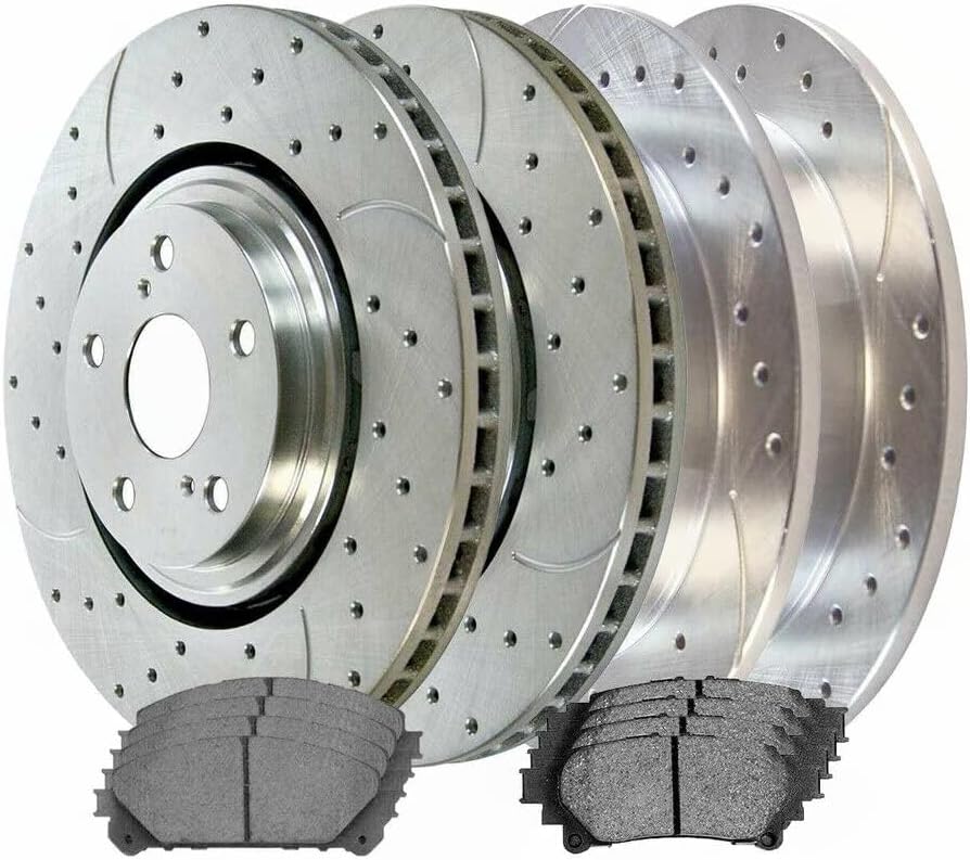8pcs Ceramic Brake Pad Sets 4pcs Silver Drilled and Slotted Rotors Kit Front Rear Side Performance Drilled and Slotted BRKPKG040093 D1324CT EHT1324H