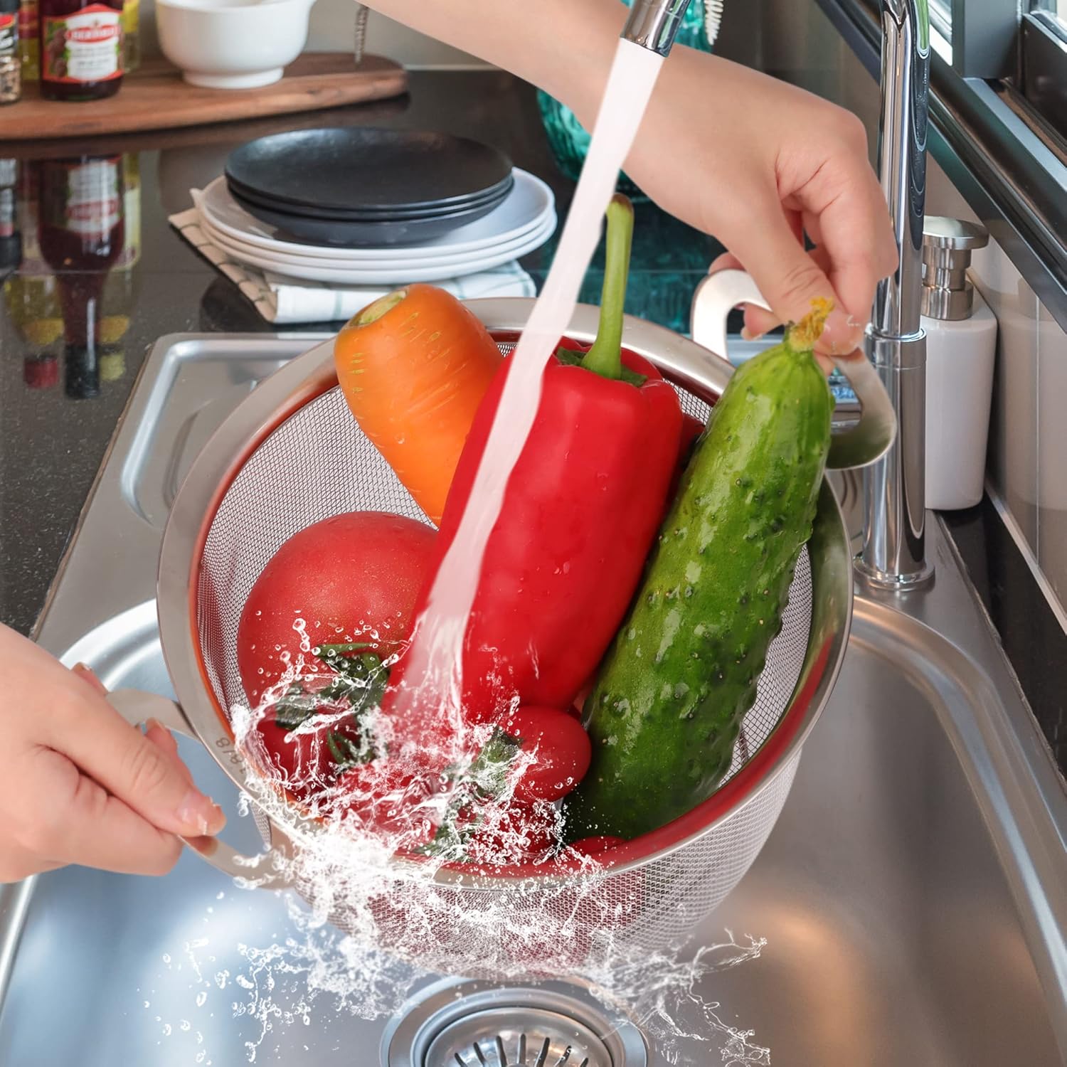 18/8 Stainless Steel Colander 2 Pack with Handles, Fine Mesh Strainer for Pasta and Vegetables X53096