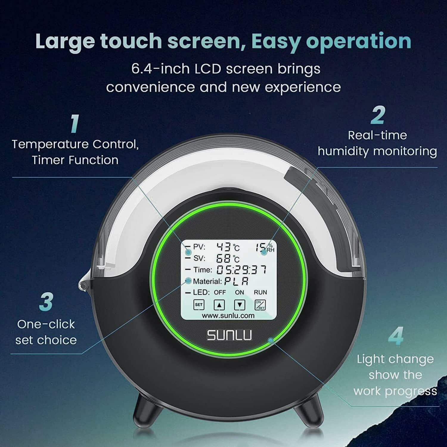 SUNLU S2 Filament Dryer Box with Fan, 360° Heating, Humidity Display, 3D Printer Filament Dehydrator W6837