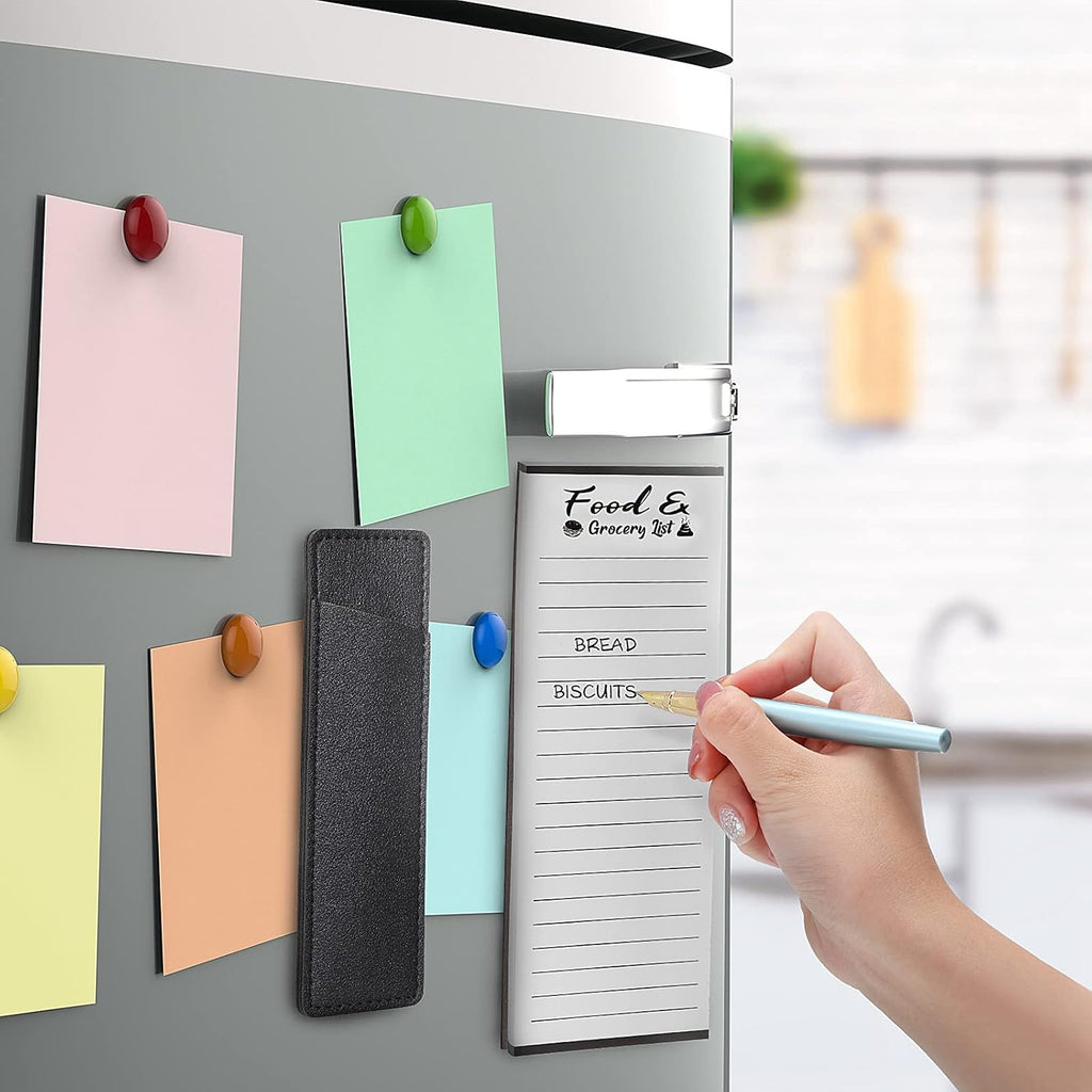 2 Pieces Magnetic Grocery List Set with Pen Holder, PU Leather Notepad for Refrigerator Q69733