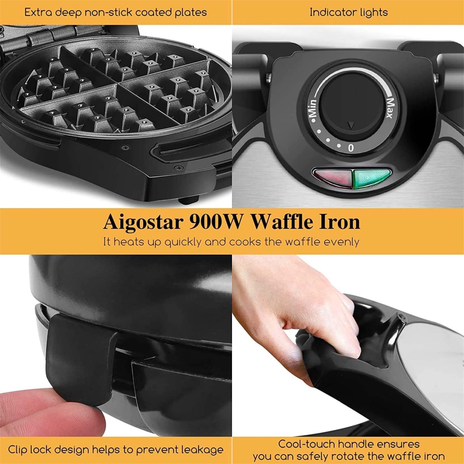 Aigostar Belgian Waffle Maker 8 Inch Non Stick, 1000W Sandwich Press Grill W975410