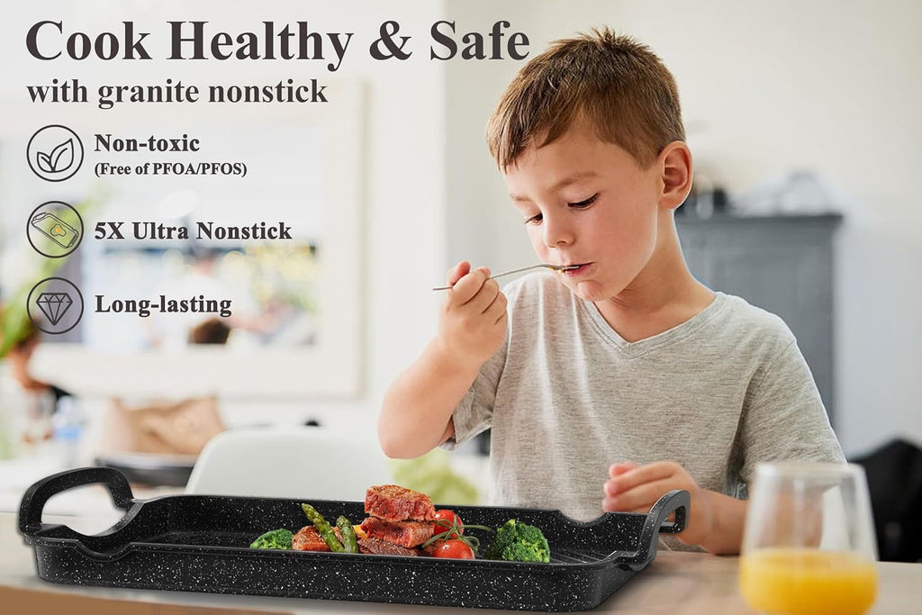 Nonstick Stove Top Griddle Pan, 16.5"x12", Double Burner Granite Cast Aluminum E95179