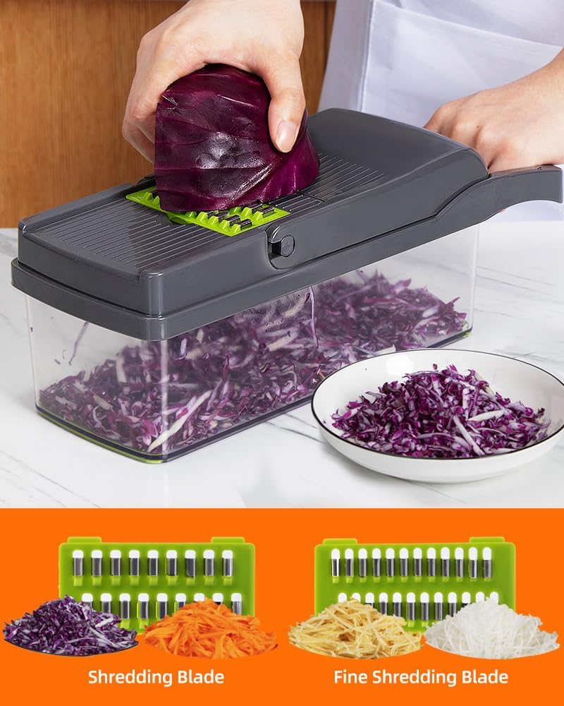 Brigii Vegetable Chopper with 12 Kitchen Gadgets, Mandoline Slicer & Dicer Cutter, Gray-Green L5019