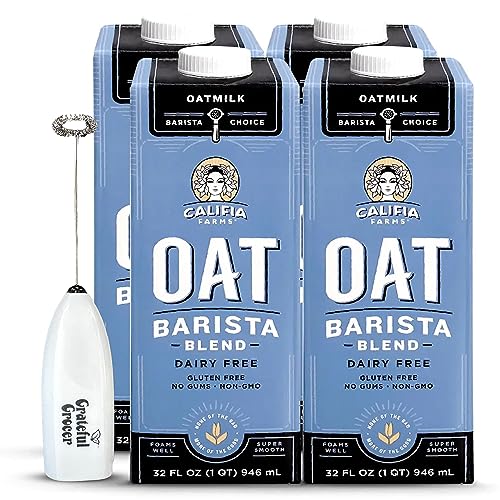 Califia Farms Oat Milk Barista Edition Foam & Frother Wand - Bundle Califia Farms Milk 32oz Bottles and 1 Grateful Grocer Milk Frother Handheld Perfect Coffee Accessories