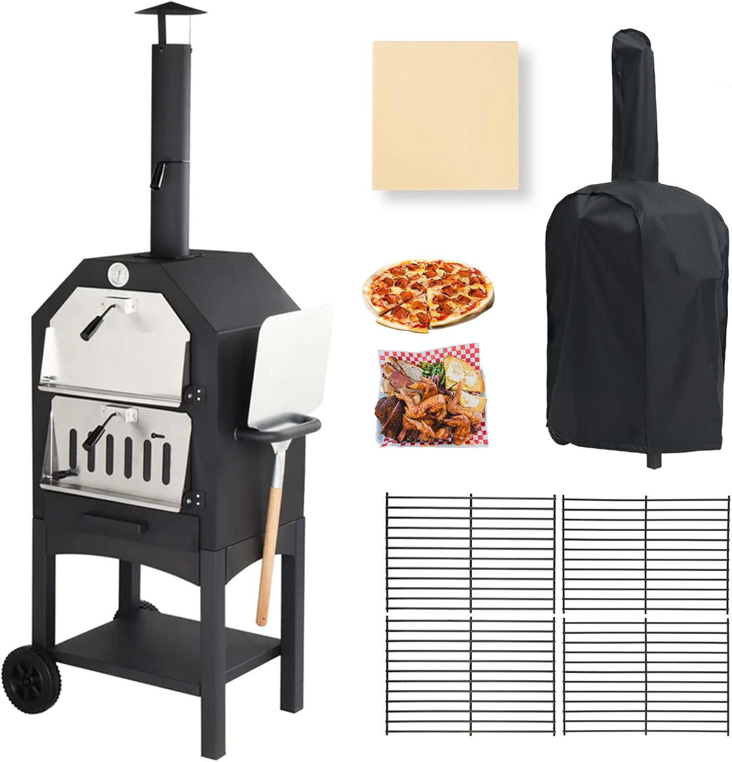 Outdoor Pizza Oven, Wood-Fired Pizza Oven Portable Pizza Maker with Pizza Stone, Peel, Grill Rack, and Waterproof Cover for Backyard and Camping, Black