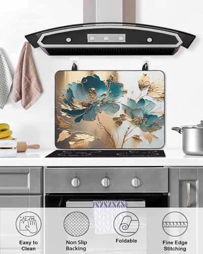 Induction Cooktop Protector Mat 24x21IN, Teal Floral Gold Foil Leaves I252059