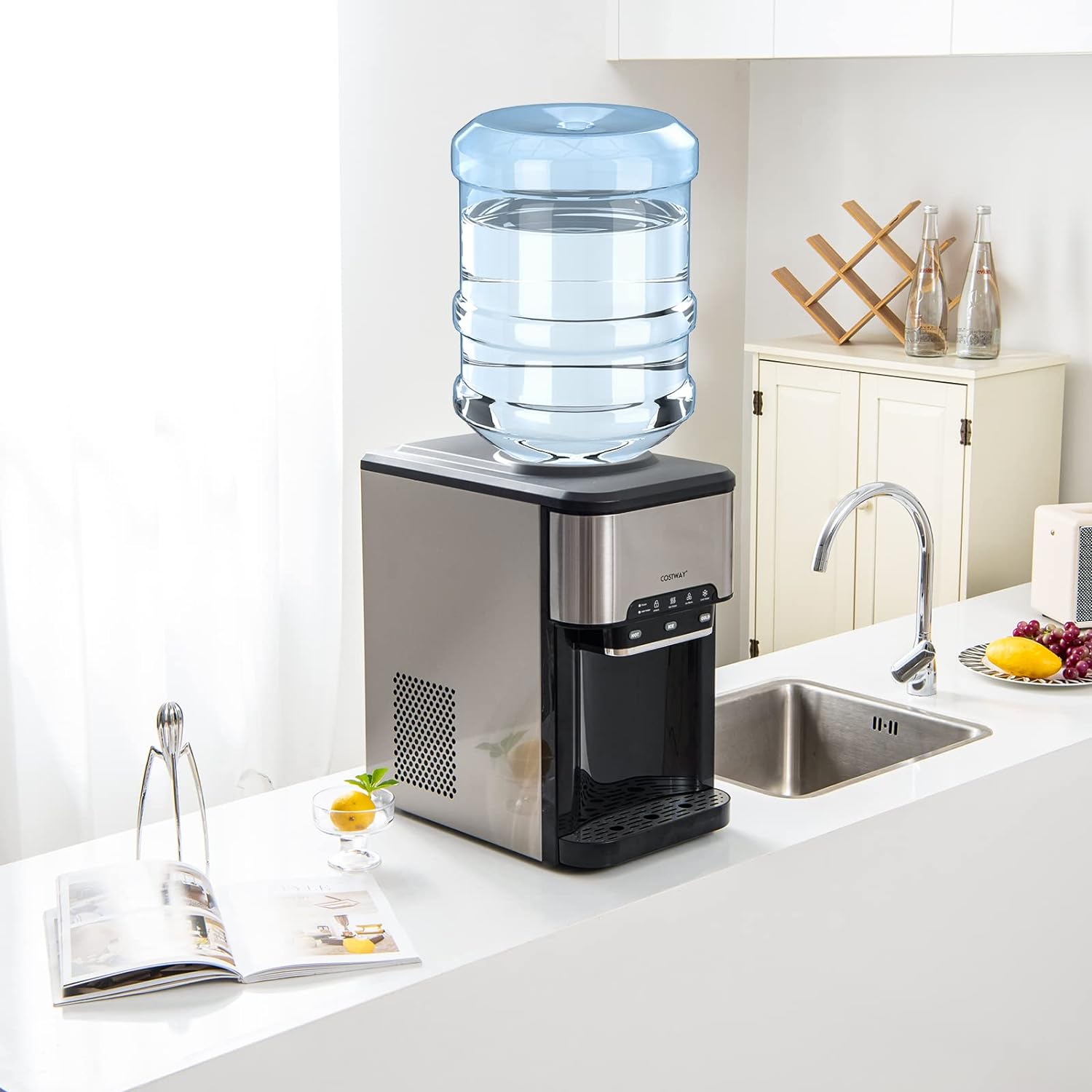 COSTWAY Water Dispenser with Ice Maker, 3-in-1 Countertop Hot Cold Cooler G403