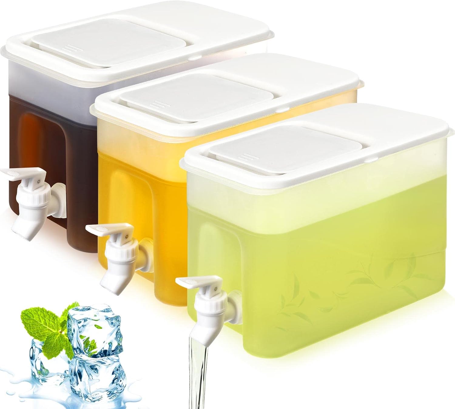 1 Gallon Drink Dispenser for Fridge with Spigot, Plastic Beverage Dispensers for Parties and Daily Use, Hot and Ice Juice Tea Water Container with Lid(Classic Style, 3 Pcs)